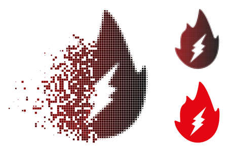 Vector electric spark flame icon in sparkle, dotted halftone and undamaged entire variants. Disintegration effect involves square sparks and horizontal gradient from red to black.のイラスト素材