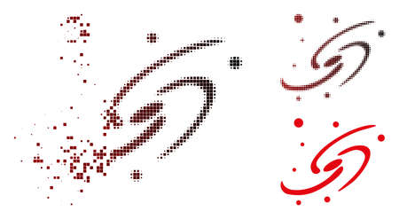 Vector galaxy system icon in sparkle, pixelated halftone and undamaged entire versions. Disintegration effect involves rectangular particles and horizontal gradient from red to black.のイラスト素材