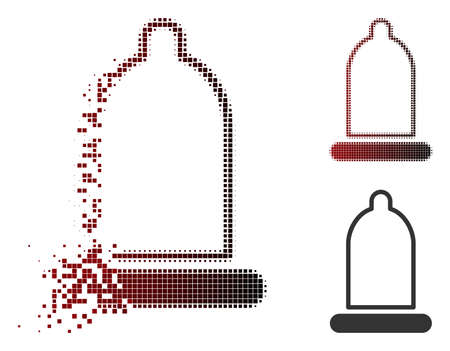 Vector condom icon in dissolved, pixelated halftone and undamaged entire variants. Disappearing effect involves rectangle dots and horizontal gradient from red to black.のイラスト素材