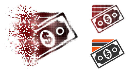 Vector money icon in dispersed, dotted halftone and undamaged whole variants. Disappearing effect uses rectangular dots and horizontal gradient from red to black.のイラスト素材