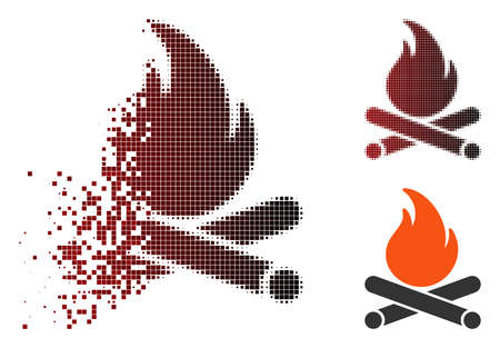 Vector campfire icon in dispersed, dotted halftone and undamaged entire variants. Disappearing effect involves rectangular particles and horizontal gradient from red to black.のイラスト素材