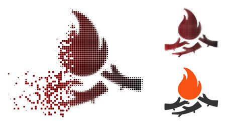 Vector bastard campfire icon in dispersed, pixelated halftone and undamaged entire variants. Disappearing effect involves rectangular scintillas and horizontal gradient from red to black.のイラスト素材