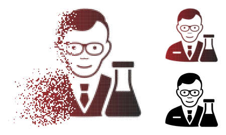 Chemist icon with face in dissolved, dotted halftone and undamaged whole versions. Pieces are organized into vector disappearing chemist icon.のイラスト素材