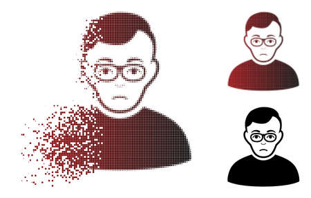Downer icon with face in dissolved, pixelated halftone and undamaged solid variants. Particles are organized into vector sparkle downer icon.のイラスト素材