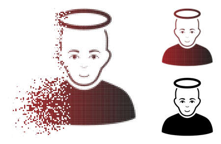 Holy man icon with face in fractured, dotted halftone and undamaged entire variants. Particles are arranged into vector dissipated holy man form.の写真素材