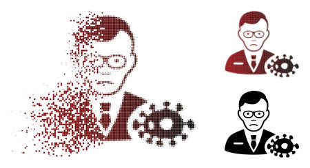 Sad bacteriologist icon in dispersed, dotted halftone and undamaged solid versions. Pixels are grouped into vector sparkle bacteriologist icon. Human face has sad feeling.のイラスト素材
