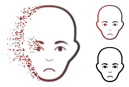 Sadly bald head icon in dispersed, dotted halftone and undamaged whole variants. Cells are composed into vector dissolving bald head icon. Human face has grief expression.のイラスト素材