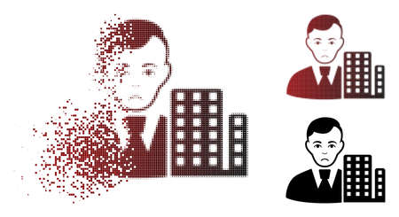 Pitiful city architect icon in dissolved, pixelated halftone and undamaged entire variants. Points are grouped into vector dispersed city architect shape. Person face has pitiful sentiment.のイラスト素材