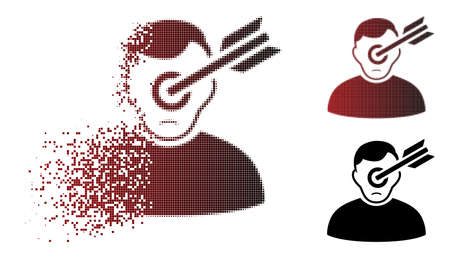 Dolor target man icon in fractured, pixelated halftone and undamaged solid versions. Cells are combined into vector disappearing target man icon. Person face has depressed expression.のイラスト素材