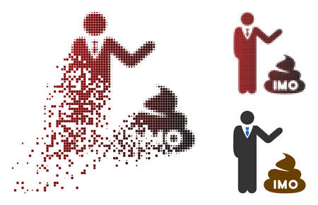 Businessman show IMO shit icon in fractured, pixelated halftone and undamaged solid variants. Particles are organized into vector disappearing businessman show IMO shit symbol.のイラスト素材