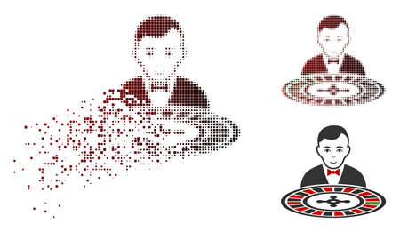 Roulette dealer icon in dissolved, pixelated halftone and undamaged entire variants. Cells are arranged into vector dissolving roulette dealer pictogram.のイラスト素材