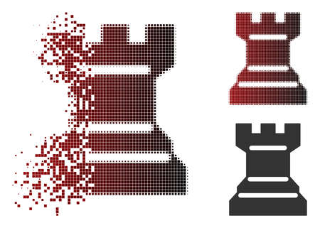 Chess tower icon in dissolved, dotted halftone and undamaged whole variants. Pixels are organized into vector dissipated chess tower icon.のイラスト素材