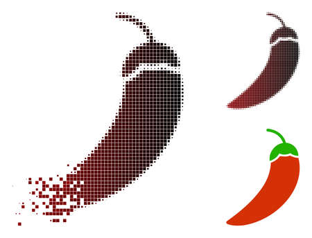 Chili pepper icon in fractured, pixelated halftone and undamaged solid variants. Particles are organized into vector disappearing chili pepper symbol.のイラスト素材