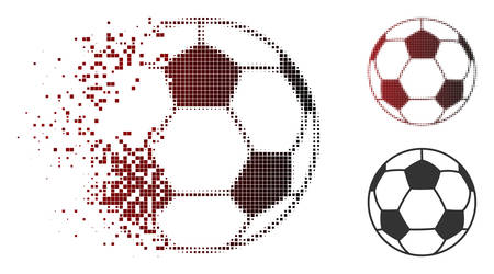 Football ball icon in fractured, dotted halftone and undamaged solid versions. Particles are combined into vector dissolving football ball icon.のイラスト素材