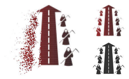 Scytheman future road icon in dispersed, pixelated halftone and undamaged solid variants. Fragments are combined into vector dispersed scytheman future road icon.のイラスト素材
