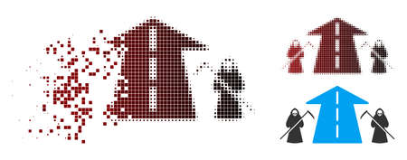 Scytheman future road icon in dispersed, dotted halftone and undamaged solid variants. Particles are grouped into vector dissolving scytheman future road figure.のイラスト素材