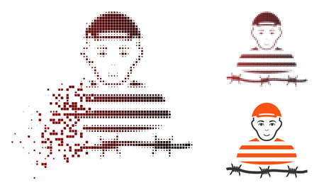 Camp prisoner icon with face in dissolved, pixelated halftone and undamaged entire versions. Fragments are combined into vector dissipated camp prisoner symbol.のイラスト素材