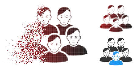 Men collective icon with face in dissolved, pixelated halftone and undamaged whole variants. Pieces are organized into vector disappearing men collective icon.のイラスト素材