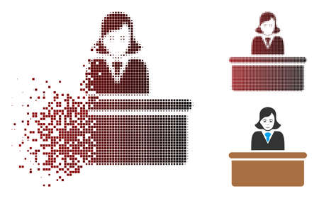 Official lady icon with face in dissolved, pixelated halftone and undamaged whole versions. Pixels are arranged into vector disappearing official lady form.のイラスト素材