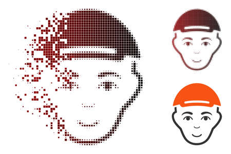 Man head icon with face in dispersed, dotted halftone and undamaged solid versions. Pixels are composed into vector dispersed man head icon.のイラスト素材