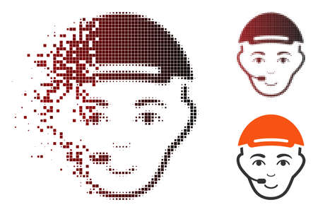 Operator head icon with face in dissolved, pixelated halftone and undamaged entire versions. Pieces...