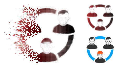 Persons collaboration network icon with face in fractured, dotted halftone and undamaged entire variants. Cells are combined into vector disappearing persons collaboration network symbol.のイラスト素材