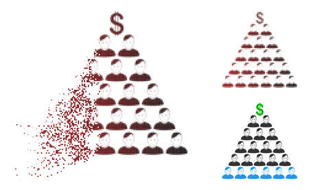 Ponzi pyramid scheme icon with face in dispersed, dotted halftone and undamaged solid variants. Pixels are combined into vector dissipated Ponzi pyramid scheme pictogram.のイラスト素材