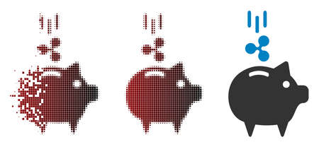 Ripple piggy bank icon in dissolved, pixelated halftone and undamaged entire versions. Particles are combined into vector dissipated Ripple piggy bank icon.のイラスト素材