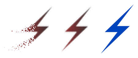 Lightning icon in fractured, dotted halftone and undamaged whole variants. Particles are combined into vector disappearing lightning symbol.のイラスト素材