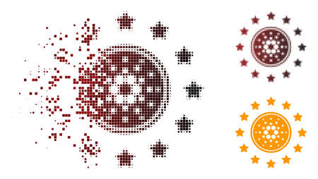 Shine cardano coin icon in dispersed, dotted halftone and undamaged whole variants. Particles are arranged into vector disappearing shine cardano coin shape.のイラスト素材