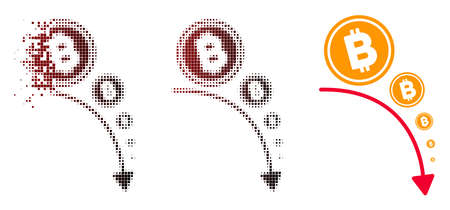 Bitcoin deflation trend icon in dissolved, pixelated halftone and undamaged entire variants. Pixels are grouped into vector sparkle Bitcoin deflation trend icon.のイラスト素材
