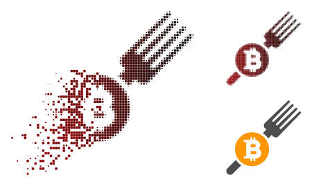 Bitcoin fork icon in sparkle, pixelated halftone and undamaged entire variants. Cells are arranged into vector sparkle Bitcoin fork form.のイラスト素材
