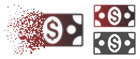 Banknote icon in dissolved, dotted halftone and undamaged whole versions. Elements are organized...
