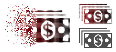 Dollar banknotes icon in dispersed, dotted halftone and undamaged solid versions. Pieces are arranged into vector disappearing dollar banknotes pictogram.のイラスト素材