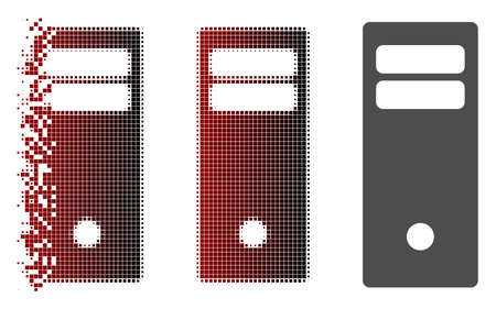 Computer mainframe icon in sparkle, pixelated halftone and undamaged solid versions. Elements are grouped into vector disappearing computer mainframe icon.のイラスト素材