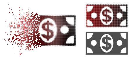 Dollar banknote icon in dissolved, dotted halftone and undamaged entire versions. Particles are composed into vector disappearing dollar banknote icon.のイラスト素材