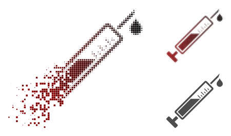 Vaccine icon in dispersed, dotted halftone and undamaged solid versions. Cells are organized into vector dissolving vaccine figure.のイラスト素材
