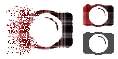 Photo camera icon in dissolved, dotted halftone and undamaged entire versions. Particles are organized into vector dispersed photo camera icon.のイラスト素材