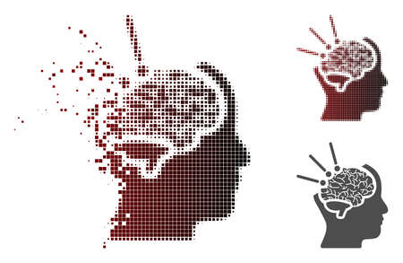 Brain operation icon in dissolved, pixelated halftone and undamaged entire versions. Cells are grouped into vector disappearing brain operation icon.のイラスト素材