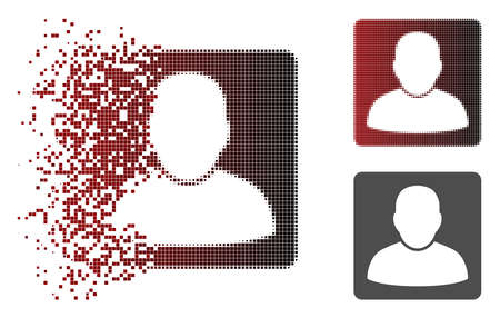 Man vcard icon in dissolved, pixelated halftone and undamaged whole variants. Fragments are combined into vector disappearing man vcard icon.のイラスト素材