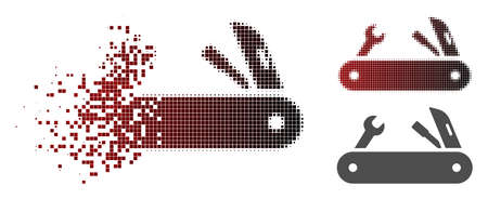 Multi-tools knife icon in dispersed, pixelated halftone and undamaged whole versions. Particles are...