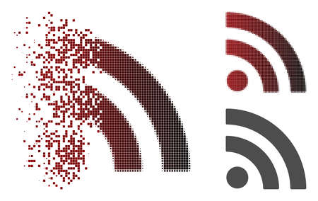 Rss icon in fractured, pixelated halftone and undamaged entire versions. Fragments are arranged into...