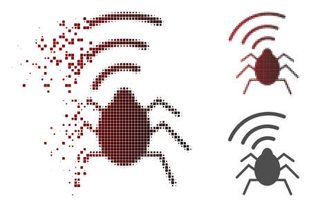 Radio bug icon in dissolved, dotted halftone and undamaged solid variants. Points are combined into vector disappearing radio bug icon.のイラスト素材