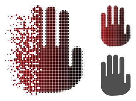Stop hand icon in sparkle, pixelated halftone and undamaged entire versions. Pieces are grouped into vector sparkle stop hand icon.のイラスト素材