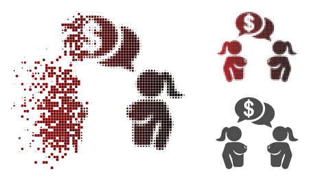 Naked lady commercial chat icon in dispersed, pixelated halftone and undamaged solid versions. Particles are arranged into vector sparkle naked lady commercial chat icon.のイラスト素材