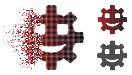 Happy service gear smiley icon in sparkle, dotted halftone and undamaged whole variants. Cells are composed into vector disappearing happy service gear smiley pictogram.のイラスト素材
