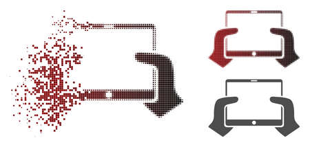 Hands hold PDA icon in sparkle, dotted halftone and undamaged solid variants. Points are arranged into vector dissolving hands hold PDA icon.のイラスト素材