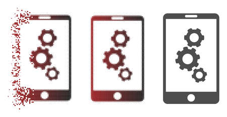 Smartphone gears icon in fractured, pixelated halftone and undamaged solid variants. Points are composed into vector dispersed smartphone gears figure.のイラスト素材