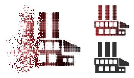Industrial building icon in fractured, dotted halftone and undamaged entire variants. Particles are grouped into vector sparkle industrial building symbol.のイラスト素材