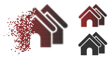 Real estate icon in dispersed, pixelated halftone and undamaged entire variants. Cells are composed into vector disappearing real estate icon.のイラスト素材